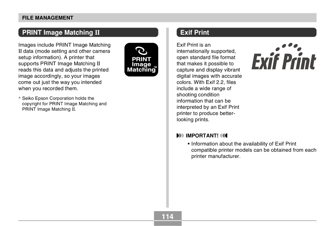 Casio EX-Z4 manual 114, Print Image Matching, Exif Print 