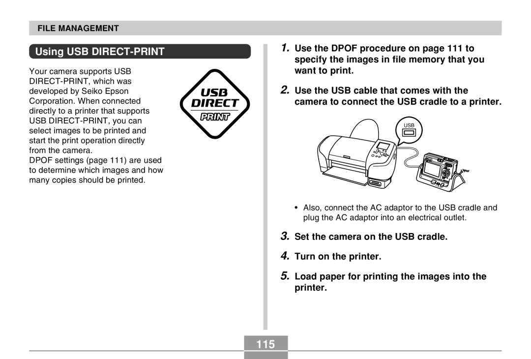 Casio EX-Z4 manual 115, Using USB DIRECT-PRINT 