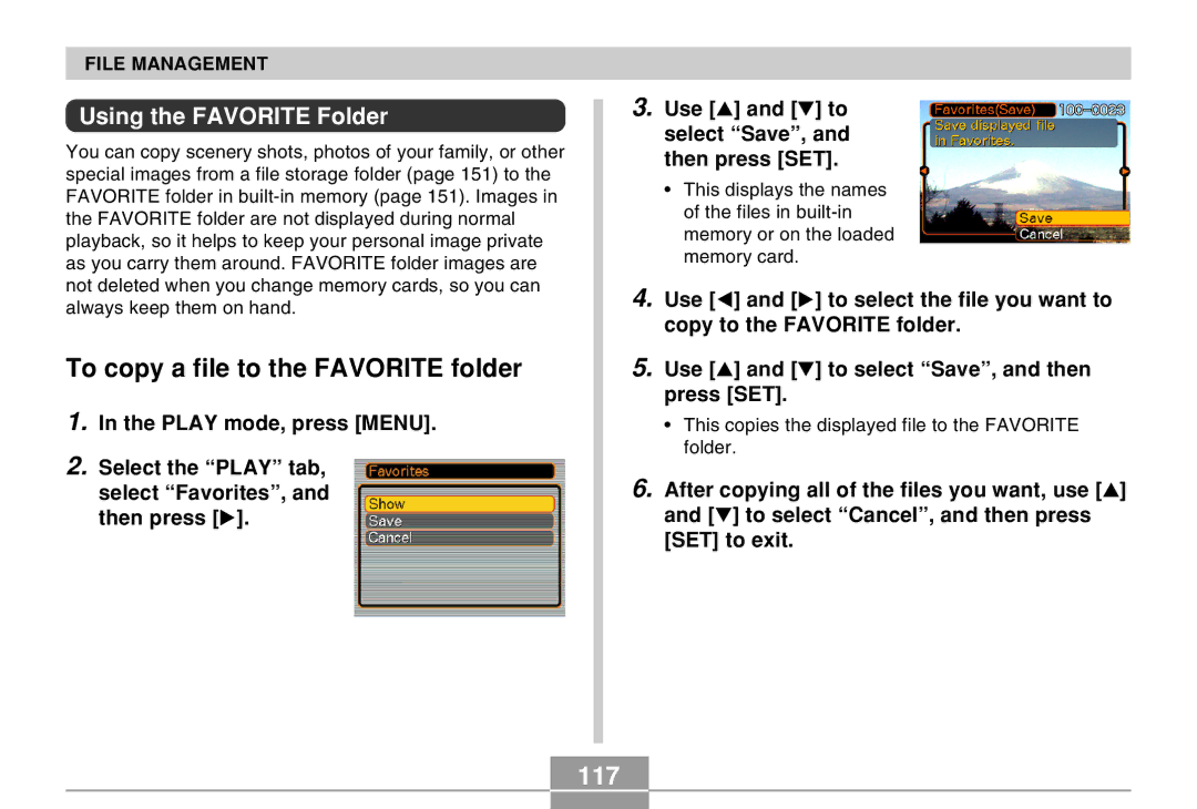 Casio EX-Z4 manual To copy a file to the Favorite folder, 117, Using the Favorite Folder 