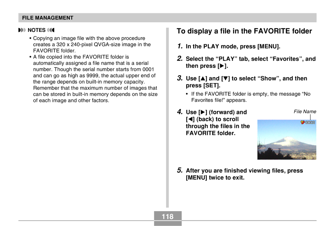 Casio EX-Z4 manual To display a file in the Favorite folder, 118, Use forward 