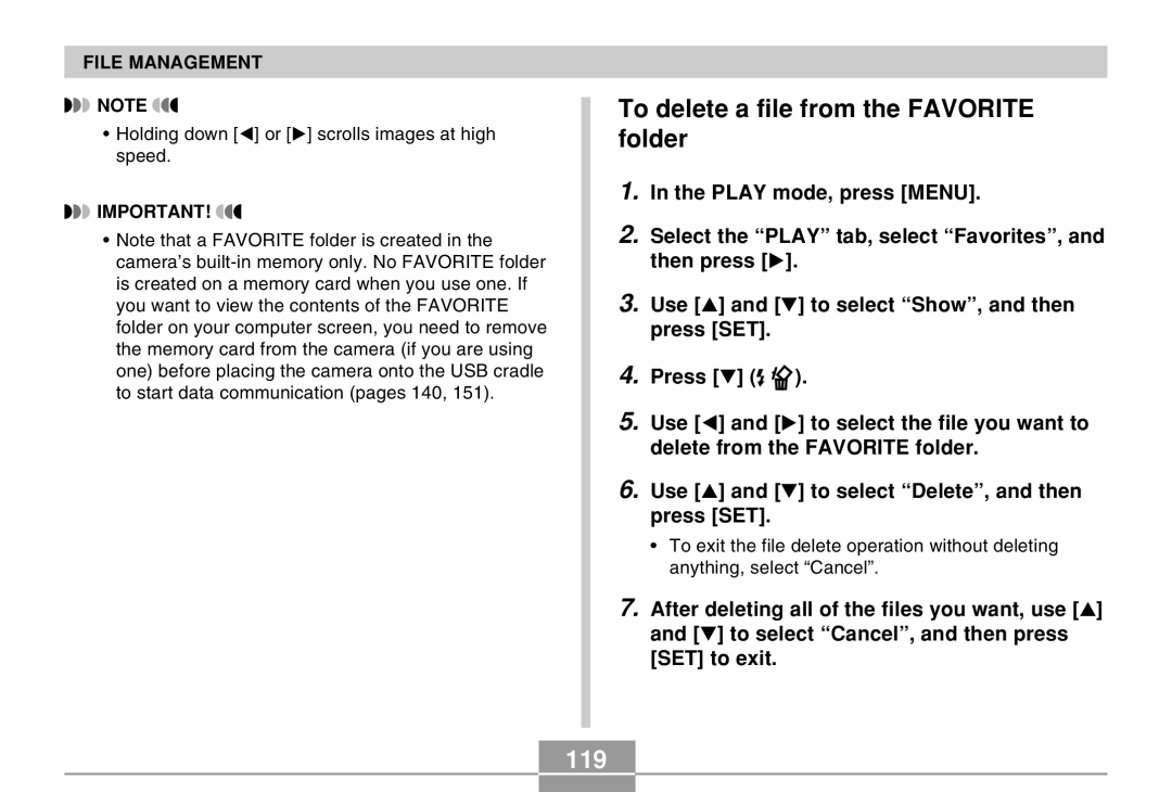 Casio EX-Z4 manual To delete a file from the Favorite folder, 119 