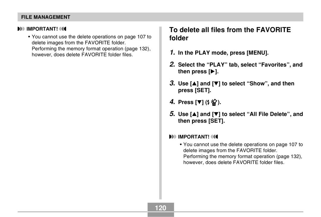 Casio EX-Z4 manual To delete all files from the Favorite folder, 120 