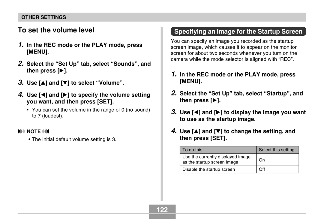 Casio EX-Z4 manual To set the volume level, 122, Specifying an Image for the Startup Screen 