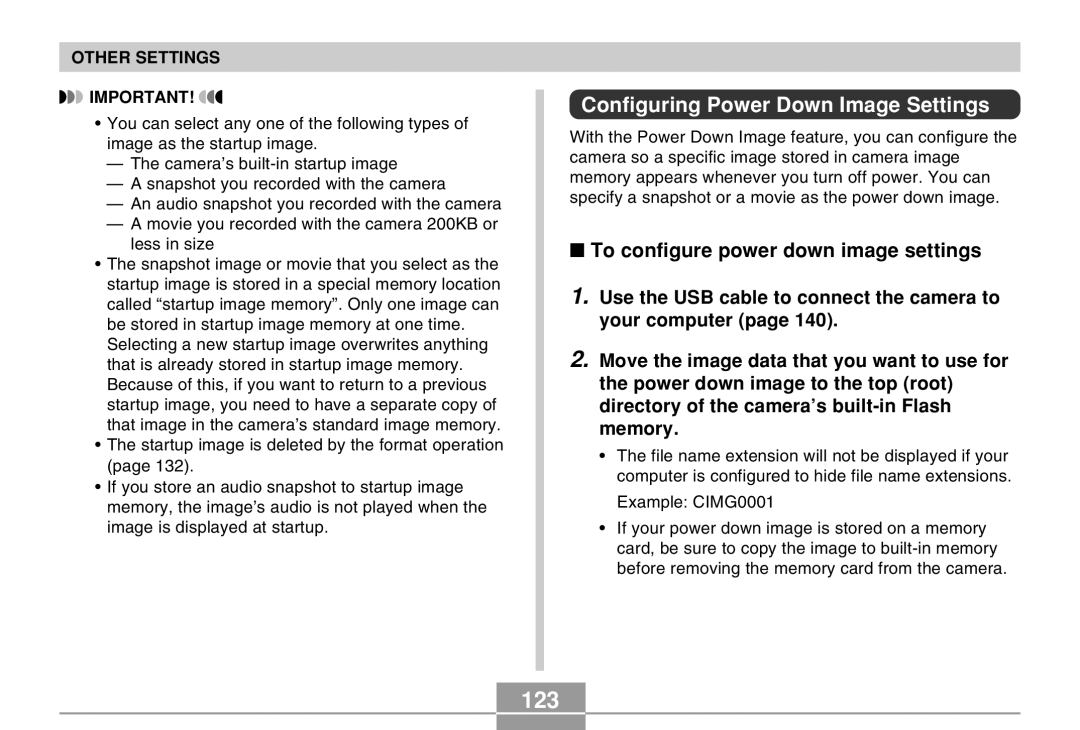 Casio EX-Z4 manual 123, Configuring Power Down Image Settings, To configure power down image settings 