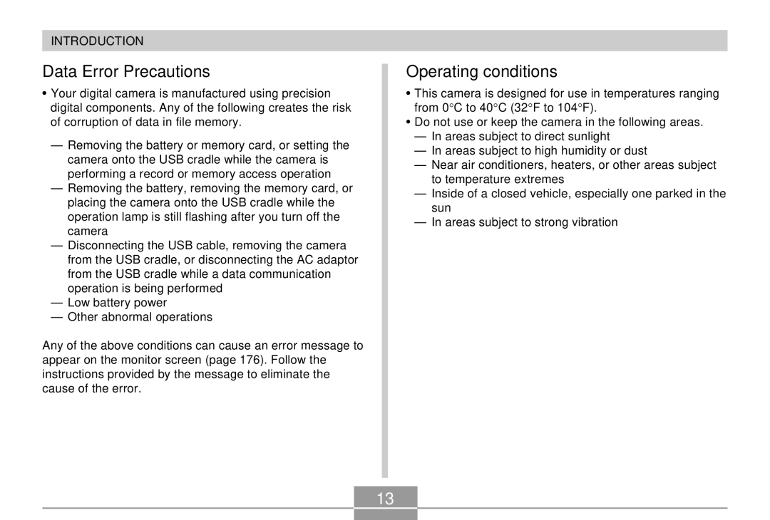 Casio EX-Z4 manual Data Error Precautions, Operating conditions 