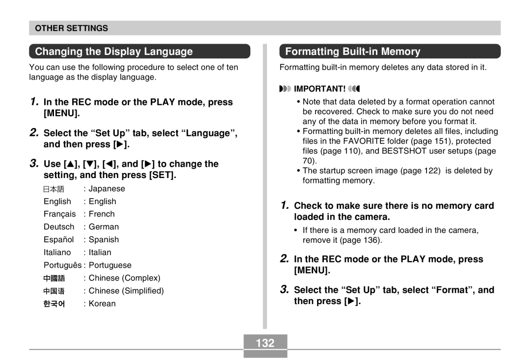 Casio EX-Z4 manual 132, Changing the Display Language, Formatting Built-in Memory 