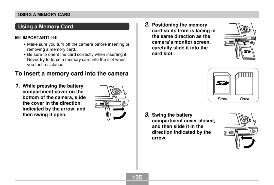 Casio EX-Z4 manual To insert a memory card into the camera, 135, Using a Memory Card 