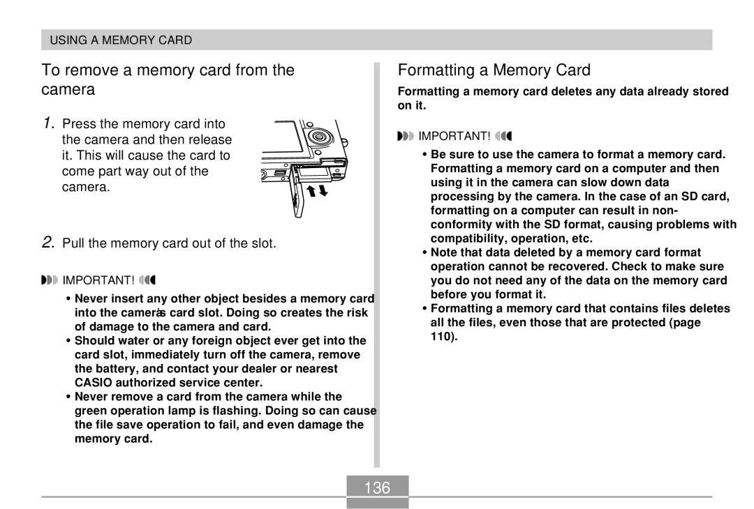 Casio EX-Z4 manual To remove a memory card from the camera, Formatting a Memory Card, 136 