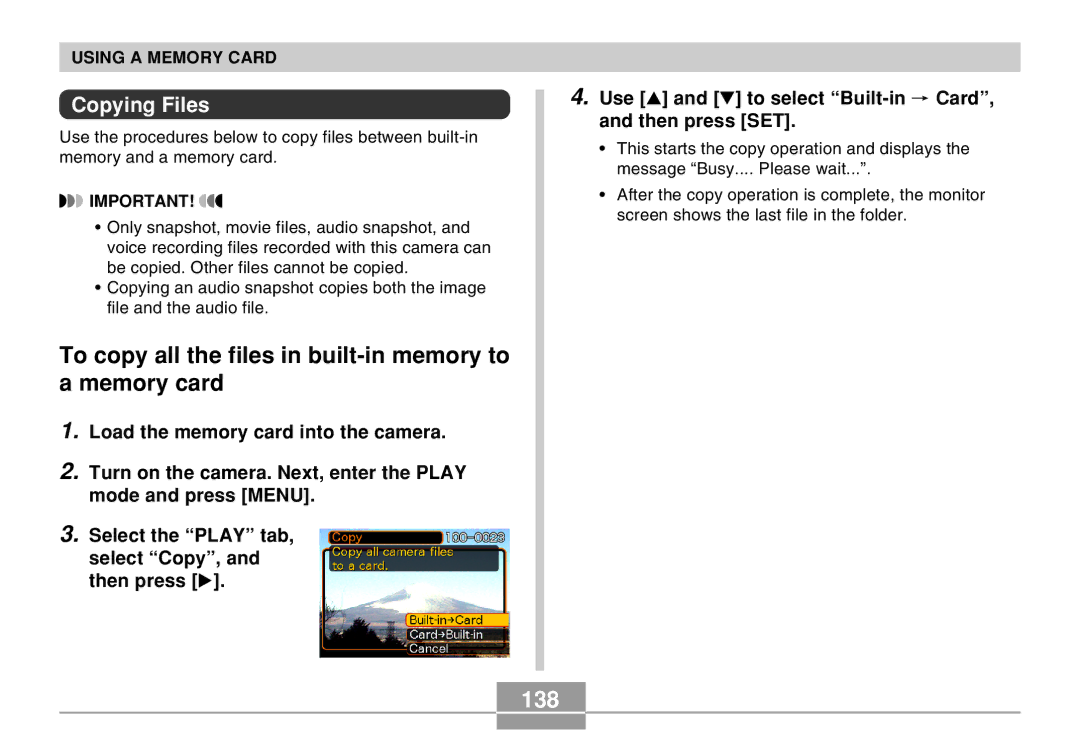 Casio EX-Z4 manual To copy all the files in built-in memory to a memory card, 138, Copying Files 