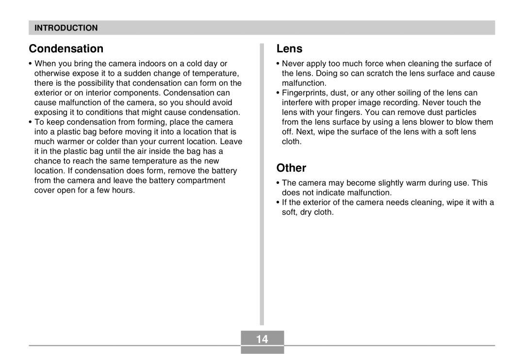 Casio EX-Z4 manual Condensation, Lens, Other 
