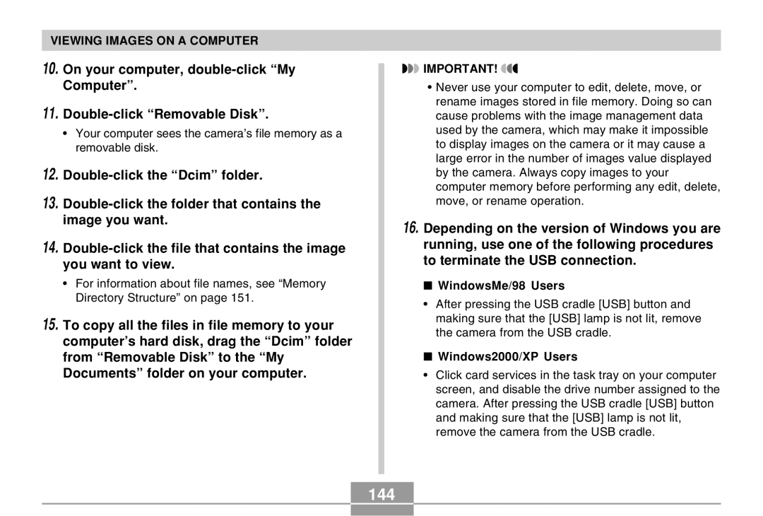 Casio EX-Z4 manual 144, WindowsMe/98 Users, Windows2000/XP Users 