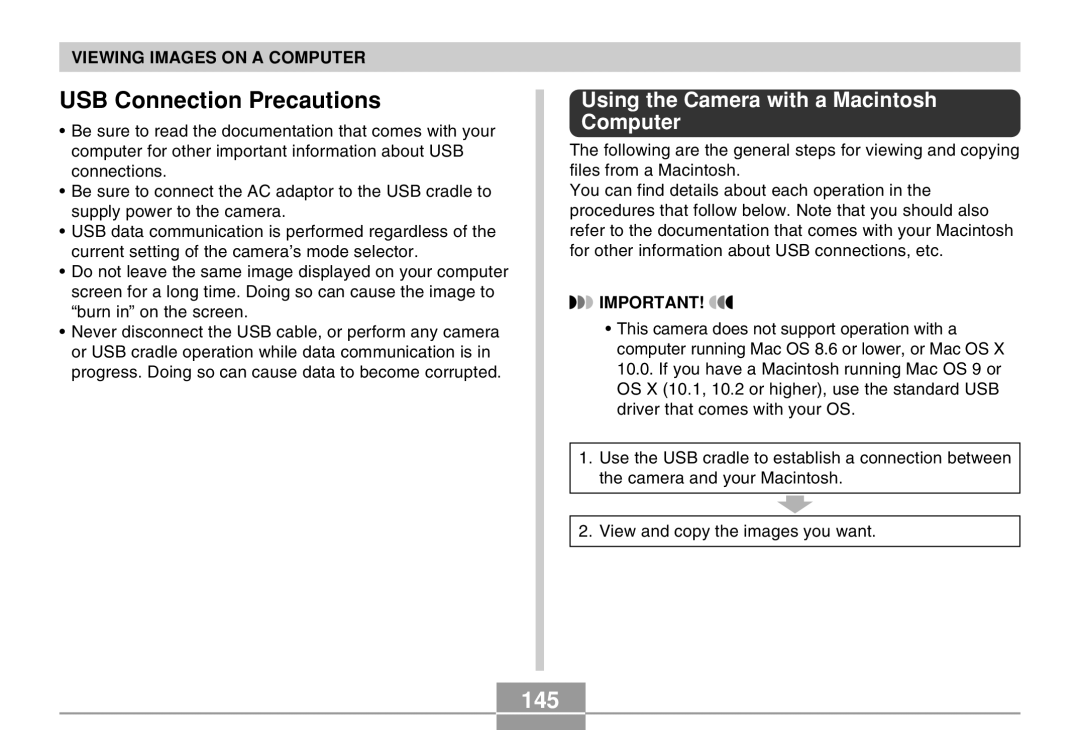 Casio EX-Z4 manual USB Connection Precautions, 145, Using the Camera with a Macintosh Computer 