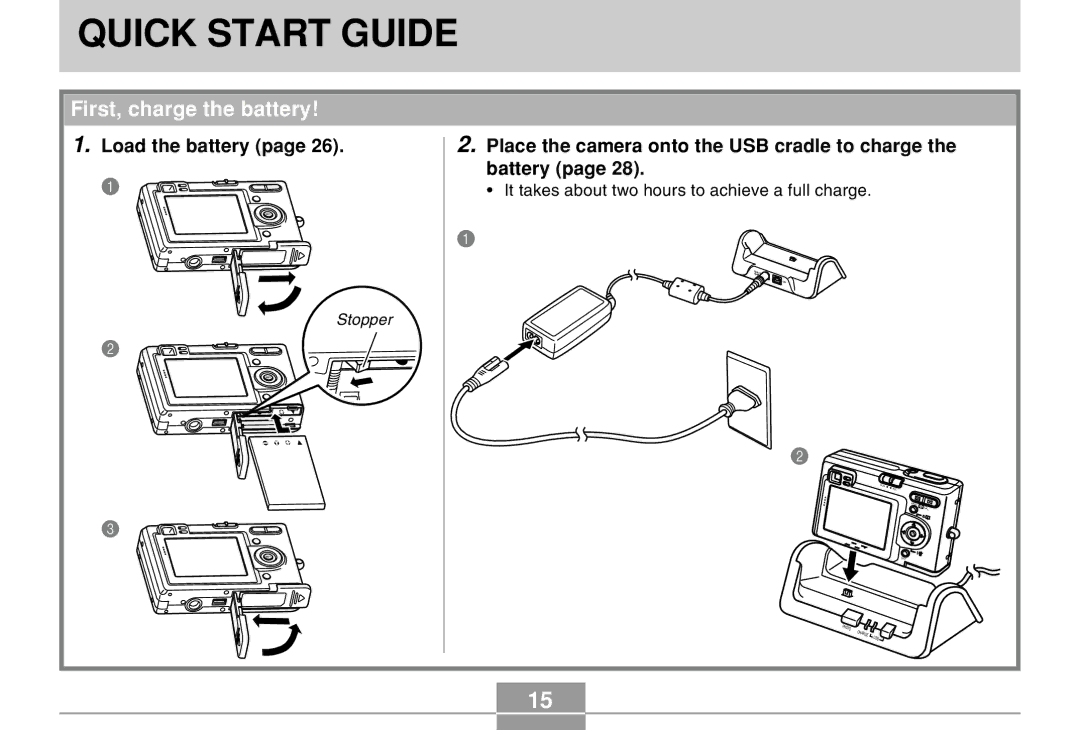 Casio EX-Z4 manual Quick Start Guide, First, charge the battery, Load the battery 