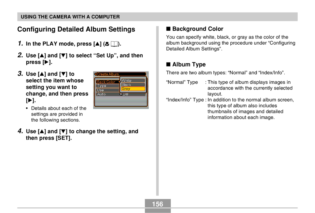 Casio EX-Z4 manual Configuring Detailed Album Settings, 156, Background Color, Album Type 