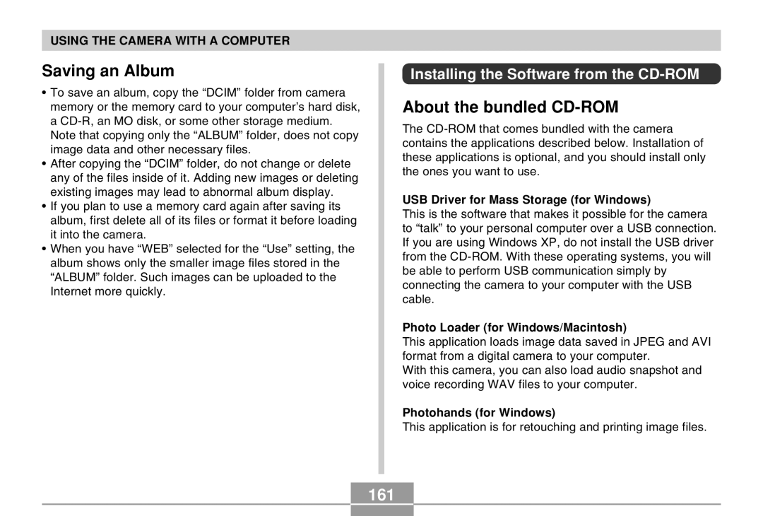 Casio EX-Z4 manual Saving an Album, About the bundled CD-ROM, 161, Installing the Software from the CD-ROM 