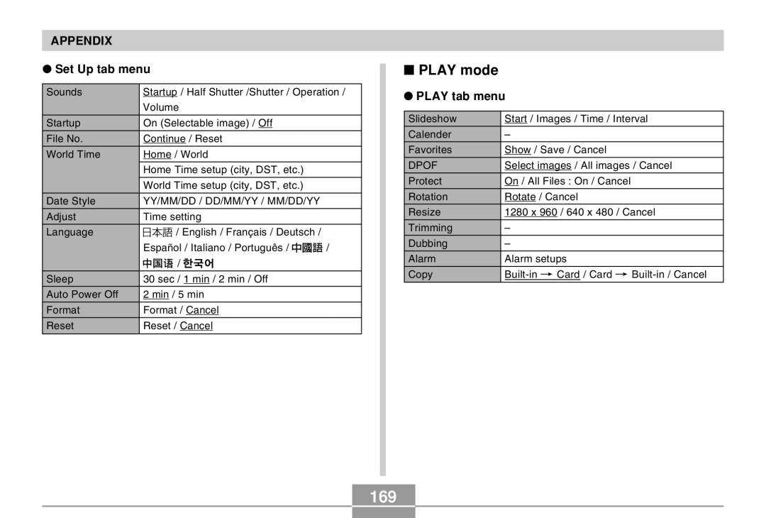 Casio EX-Z4 manual 169, Play mode, Set Up tab menu, Play tab menu 