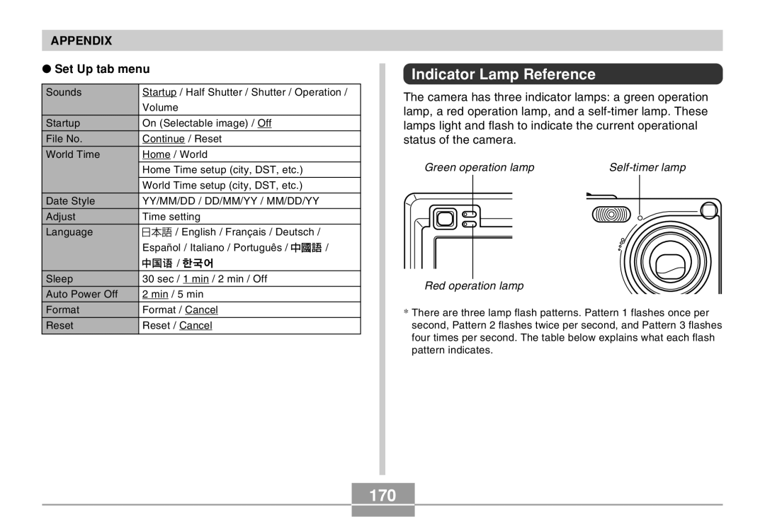 Casio EX-Z4 manual 170, Indicator Lamp Reference 