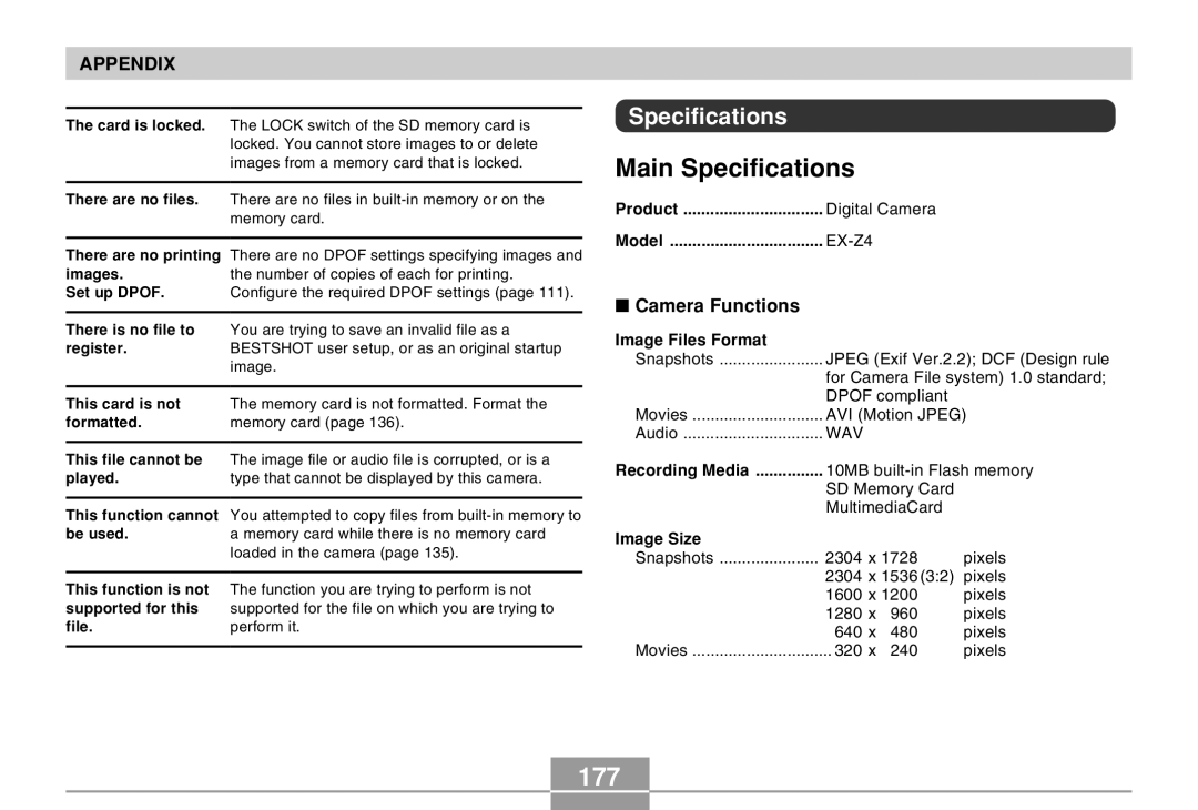 Casio EX-Z4 manual Main Specifications, 177, Camera Functions 