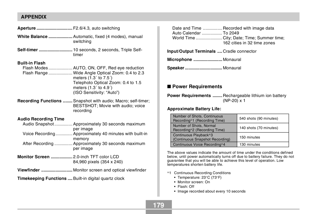 Casio EX-Z4 manual 179, Power Requirements 