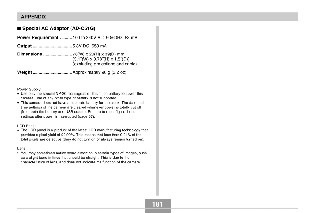 Casio EX-Z4 manual 181, Special AC Adaptor AD-C51G 