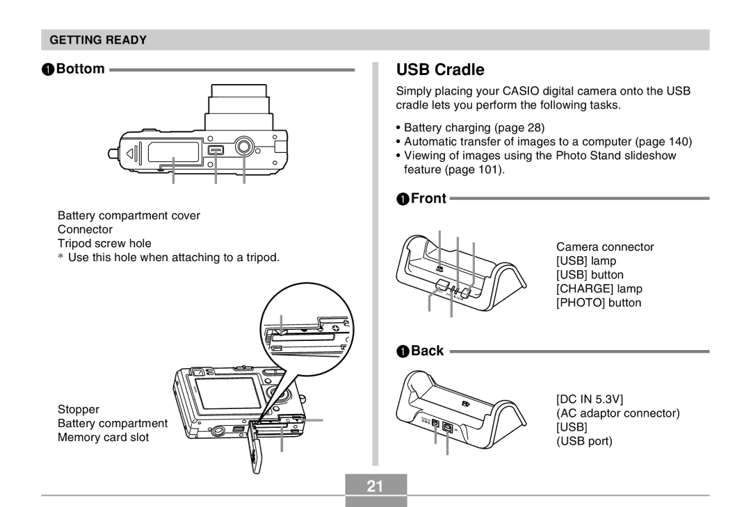 Casio EX-Z4 manual USB Cradle, Bottom 