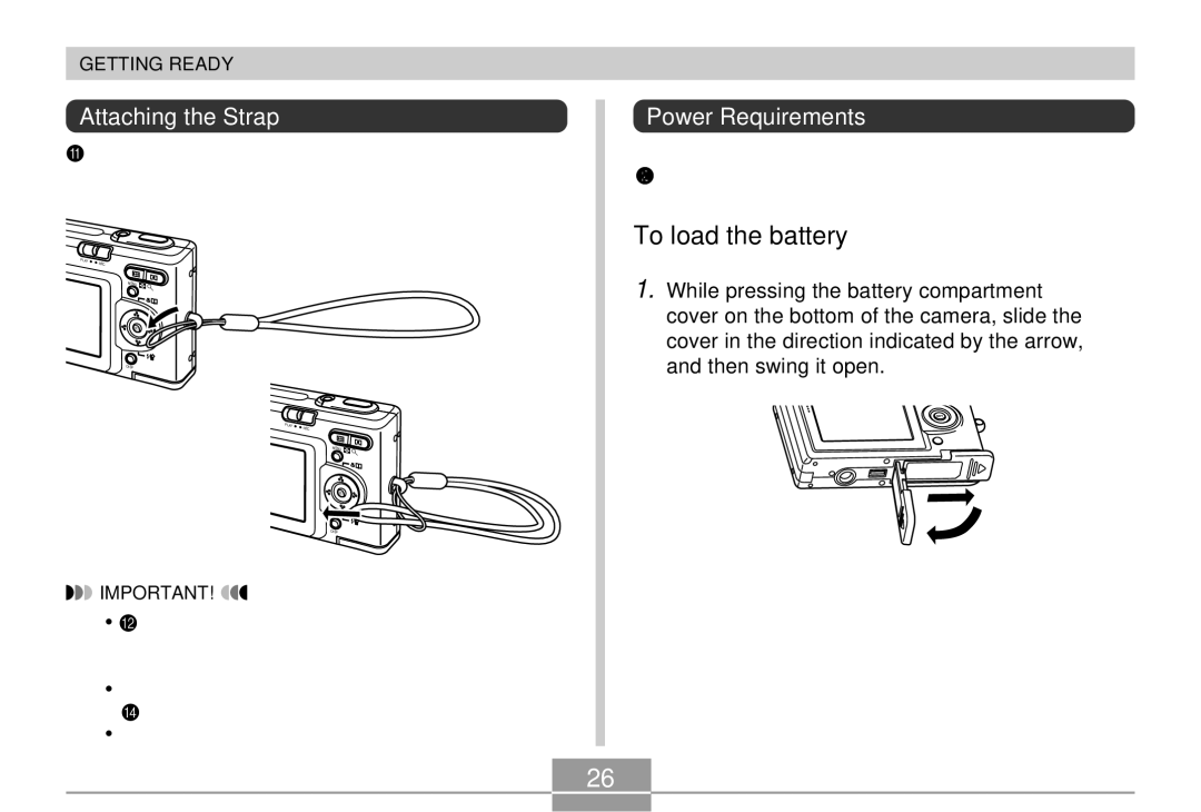 Casio EX-Z4 manual To load the battery, Attaching the Strap, Power Requirements 