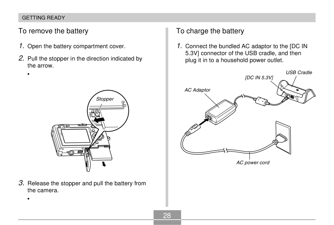 Casio EX-Z4 manual To remove the battery, To charge the battery, Release the stopper and pull the battery from the camera 