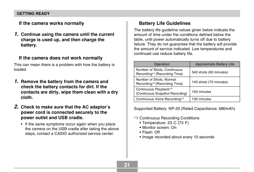 Casio EX-Z4 manual If the camera works normally, If the camera does not work normally, Battery Life Guidelines 