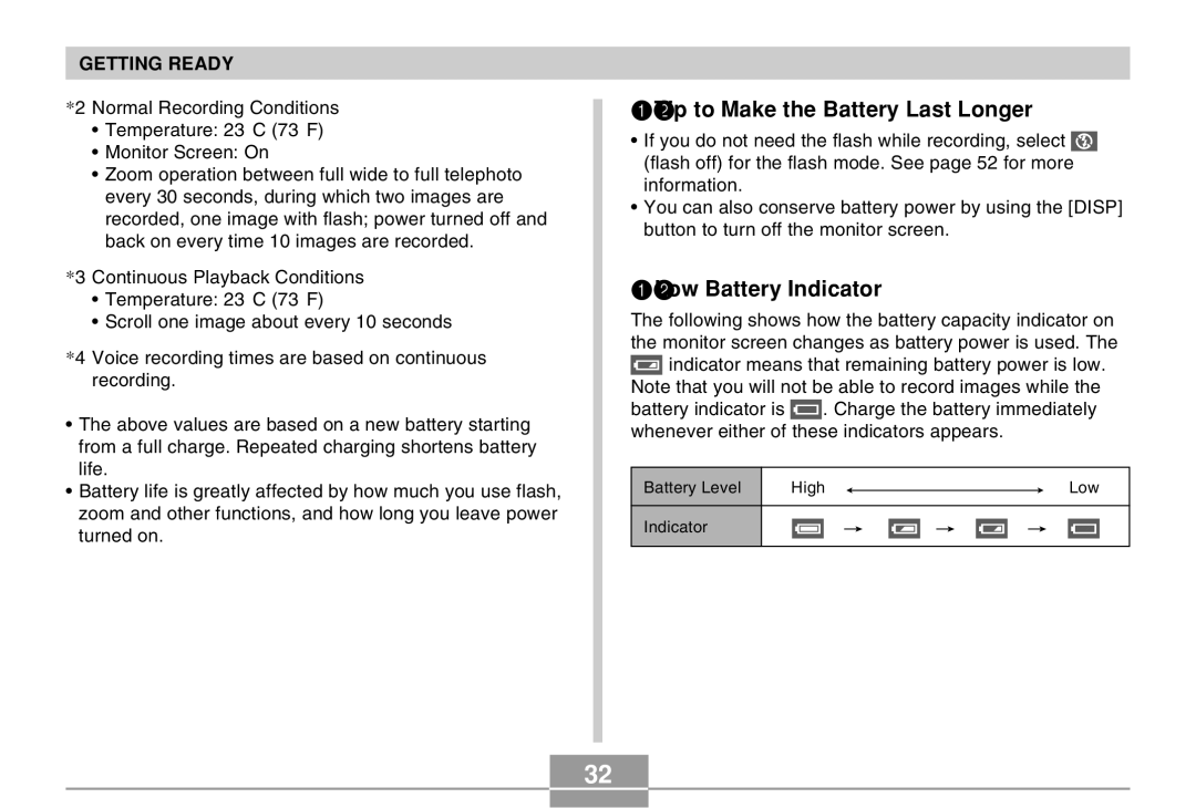 Casio EX-Z4 manual Tip to Make the Battery Last Longer, Low Battery Indicator 