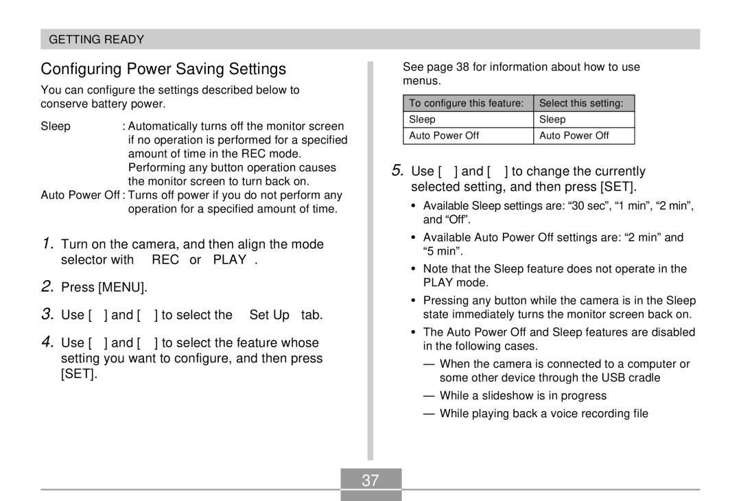 Casio EX-Z4 manual Configuring Power Saving Settings, See page 38 for information about how to use menus 