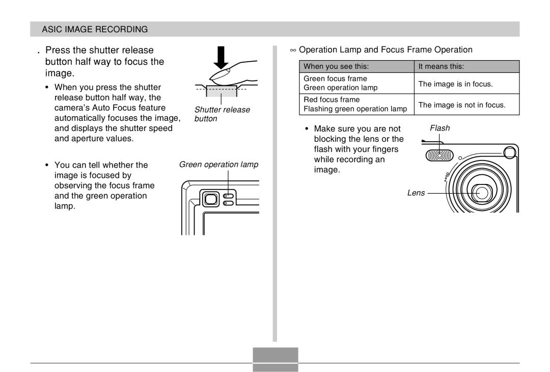 Casio EX-Z4 manual Press the shutter release button half way to focus the image, Operation Lamp and Focus Frame Operation 