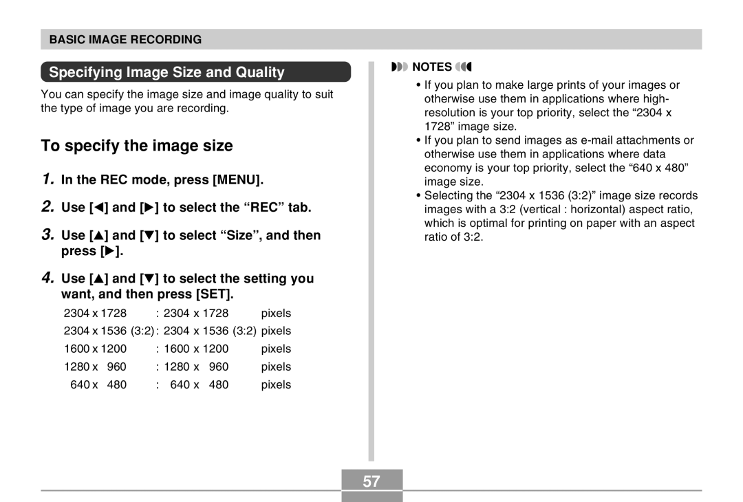 Casio EX-Z4 manual To specify the image size, Specifying Image Size and Quality 