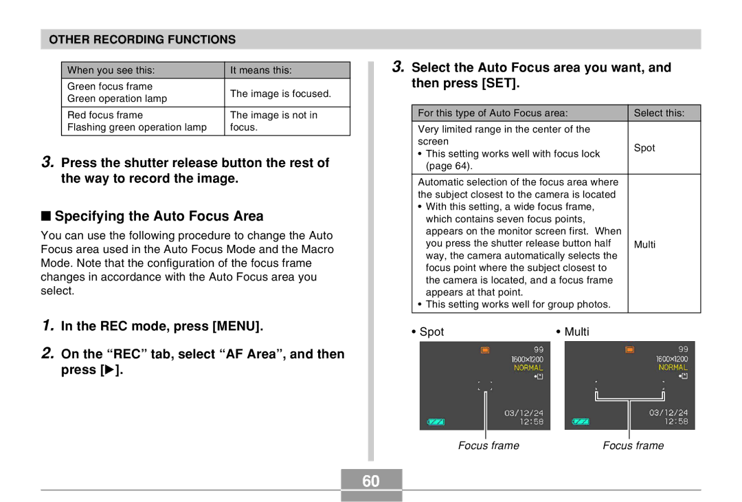 Casio EX-Z4 manual Specifying the Auto Focus Area, Other Recording Functions 