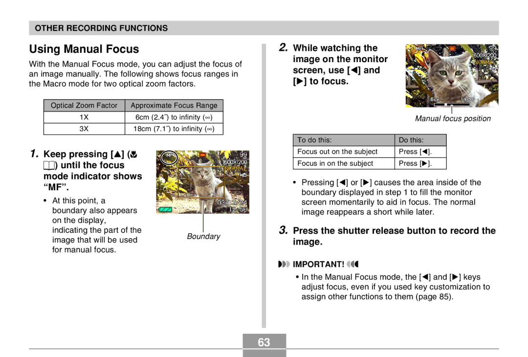 Casio EX-Z4 manual Using Manual Focus, Keep pressing until the focus mode indicator shows MF 