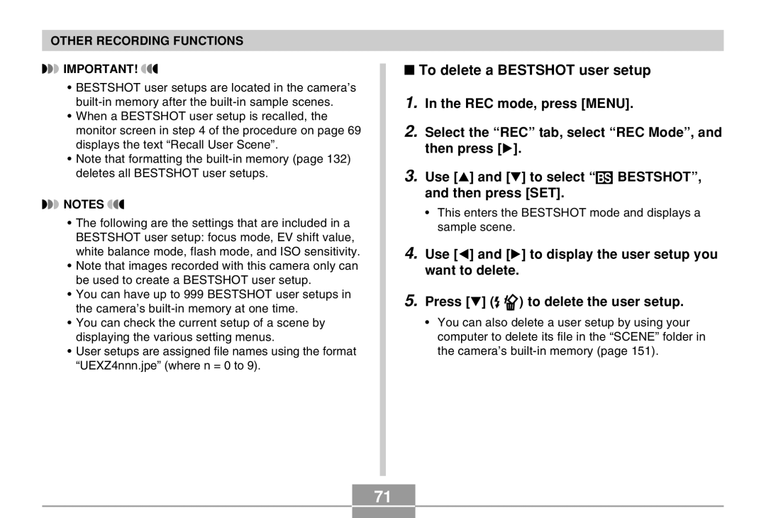 Casio EX-Z4 manual To delete a Bestshot user setup 