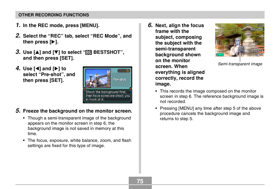 Casio EX-Z4 manual Select the REC tab, select REC Mode, Use and to select Bestshot, Then press SET, Select Pre-shot 