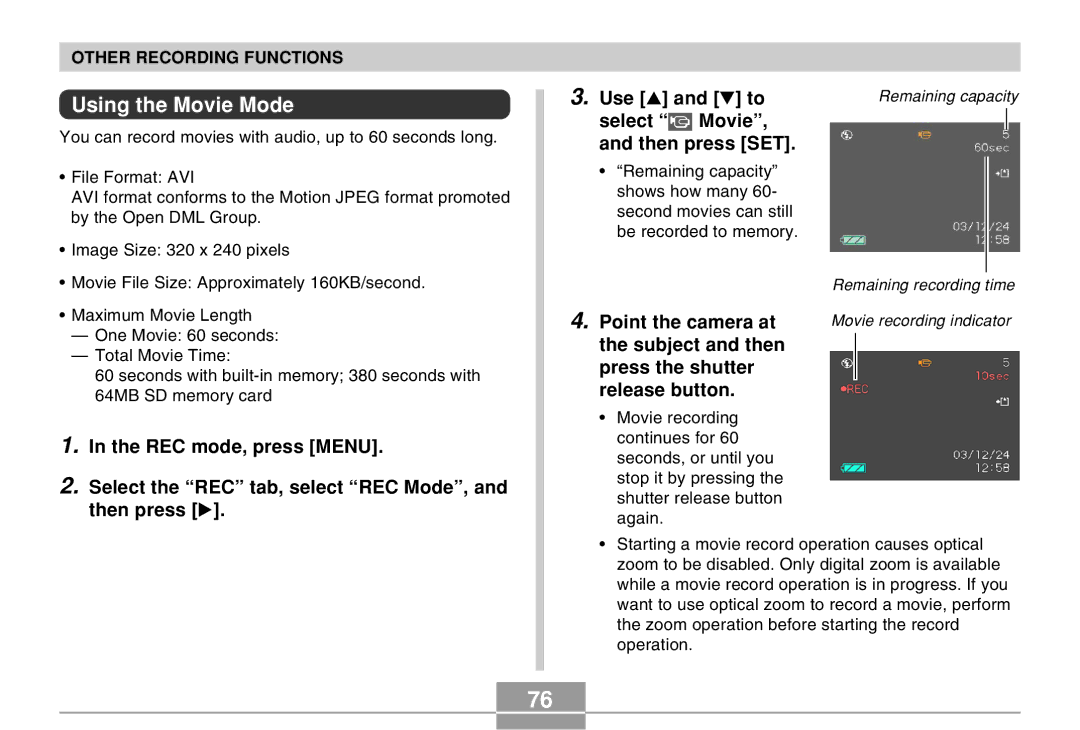 Casio EX-Z4 manual Using the Movie Mode, Select Movie Then press SET, Point the camera at 