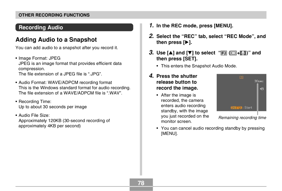 Casio EX-Z4 manual Adding Audio to a Snapshot, Recording Audio 