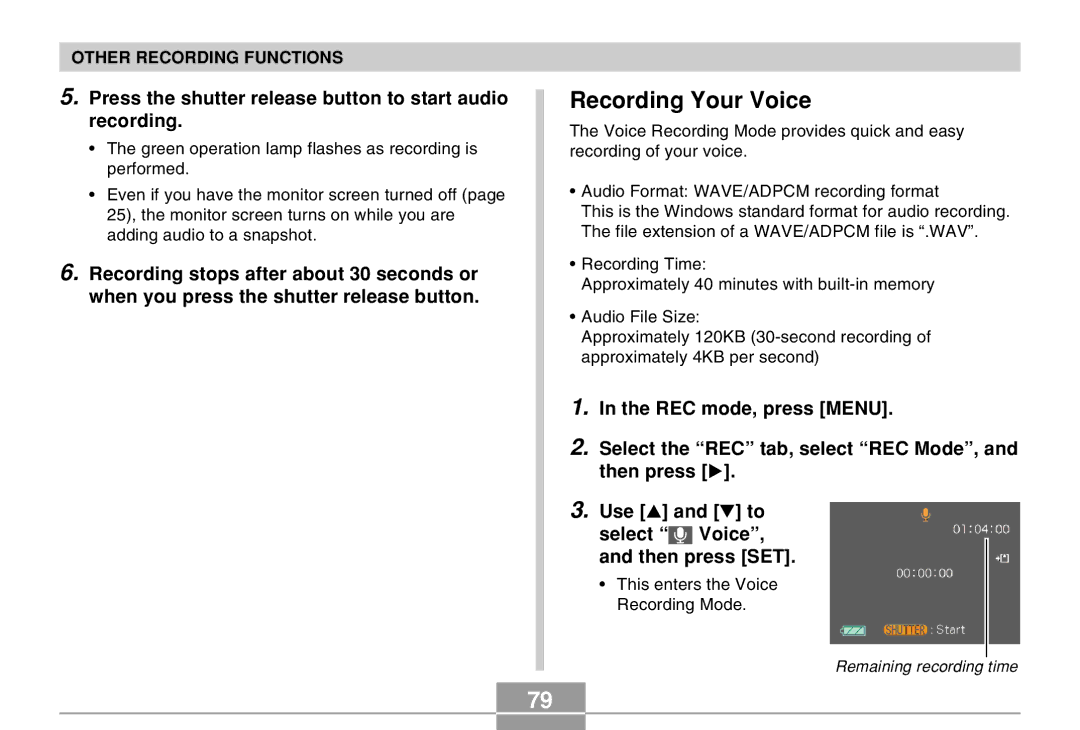 Casio EX-Z4 manual Recording Your Voice, Press the shutter release button to start audio recording 