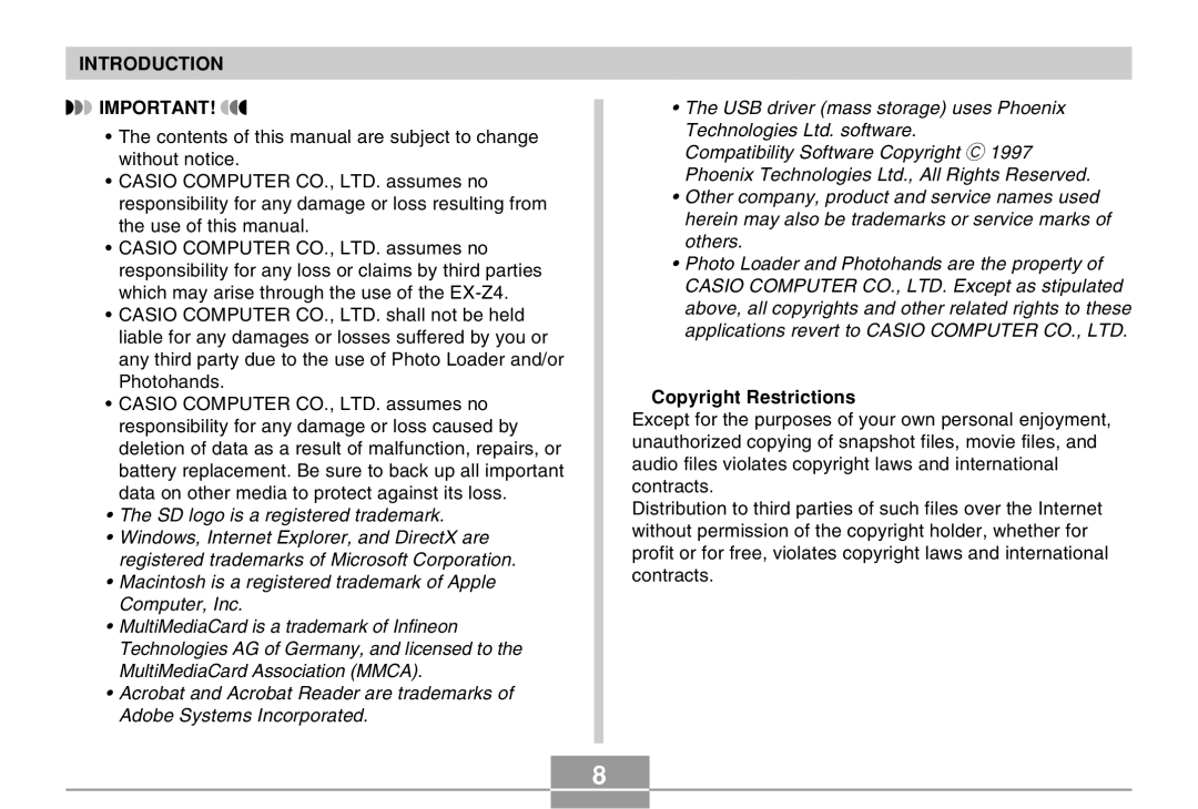 Casio EX-Z4 manual SD logo is a registered trademark, Copyright Restrictions 