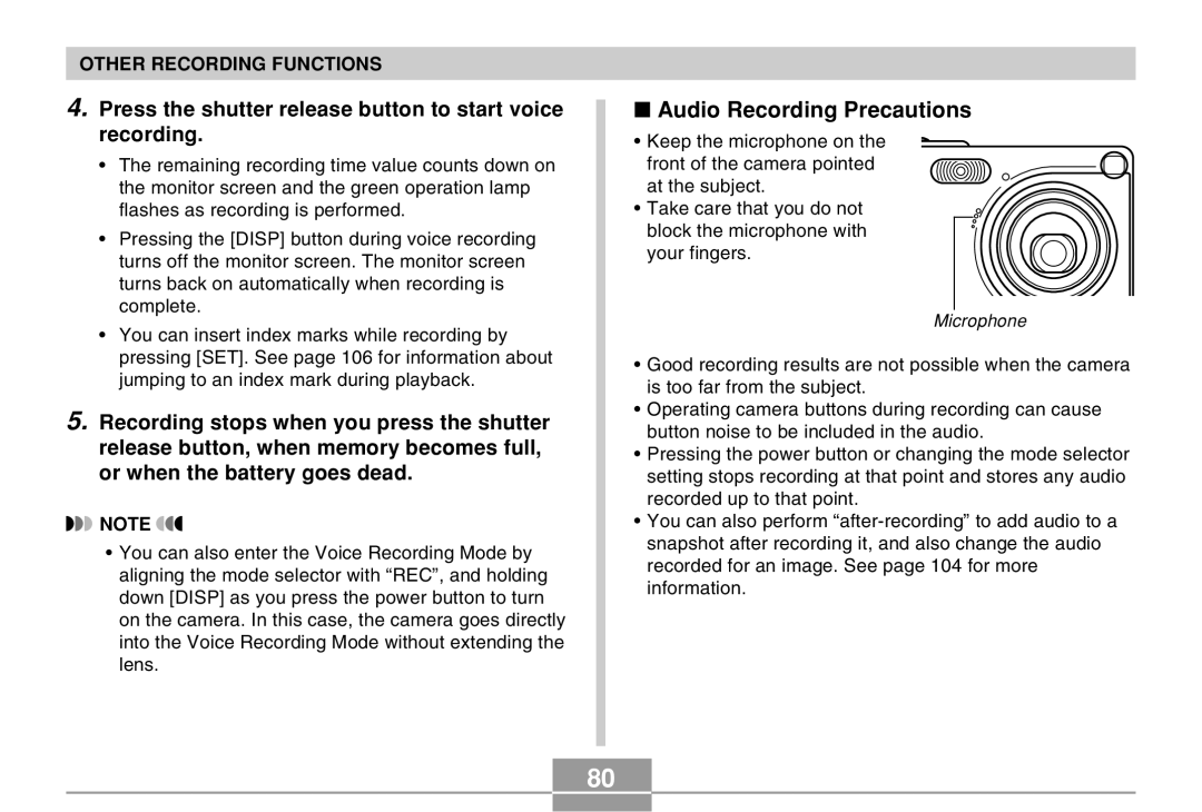 Casio EX-Z4 manual Audio Recording Precautions, Press the shutter release button to start voice recording 