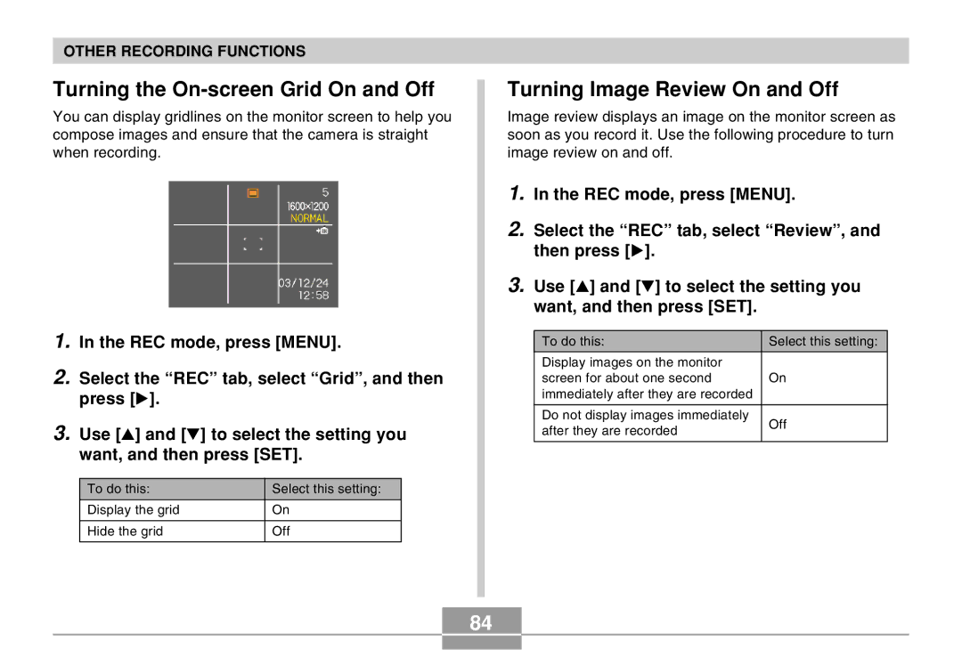 Casio EX-Z4 manual Turning the On-screen Grid On and Off, Turning Image Review On and Off 