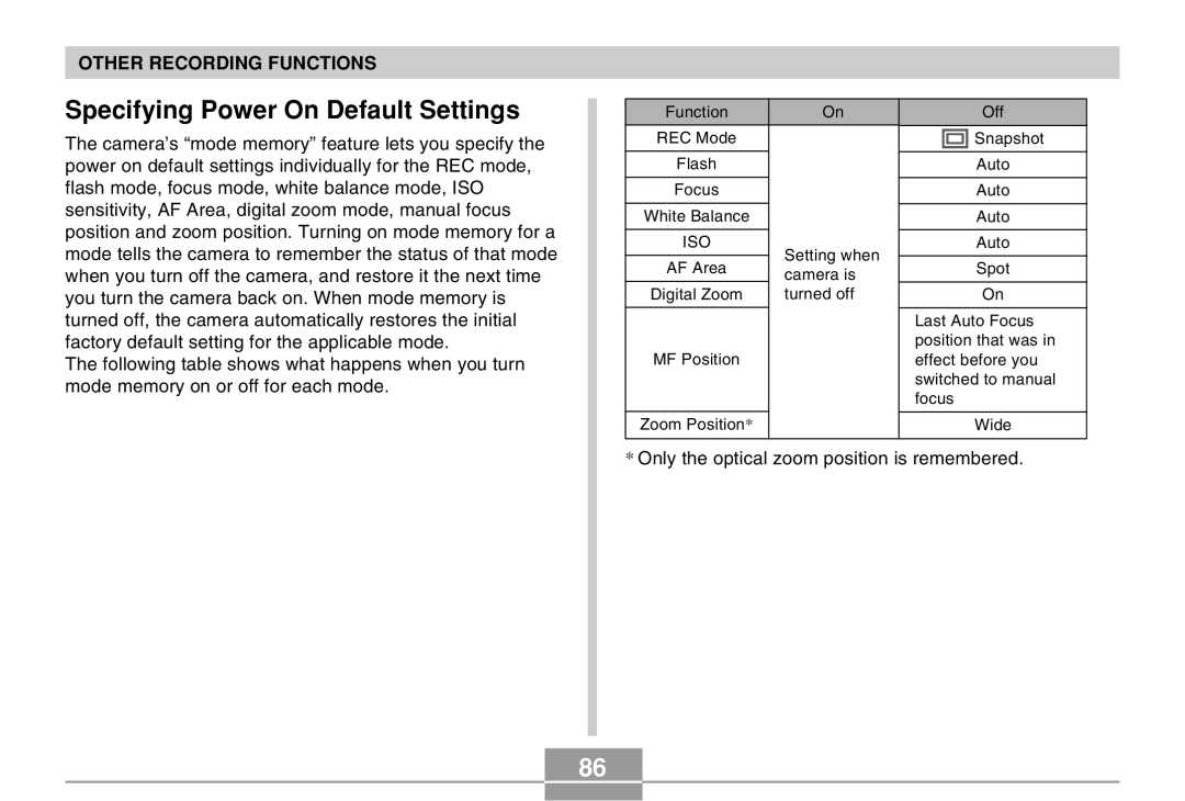 Casio EX-Z4 manual Specifying Power On Default Settings 