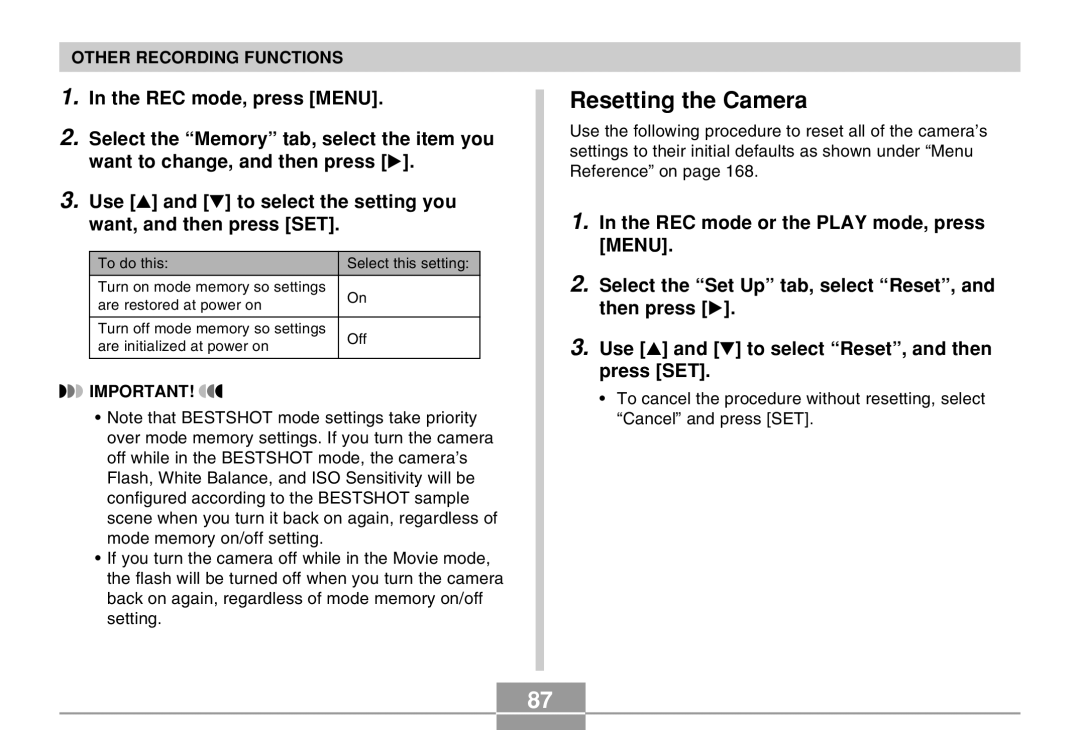 Casio EX-Z4 manual Resetting the Camera 