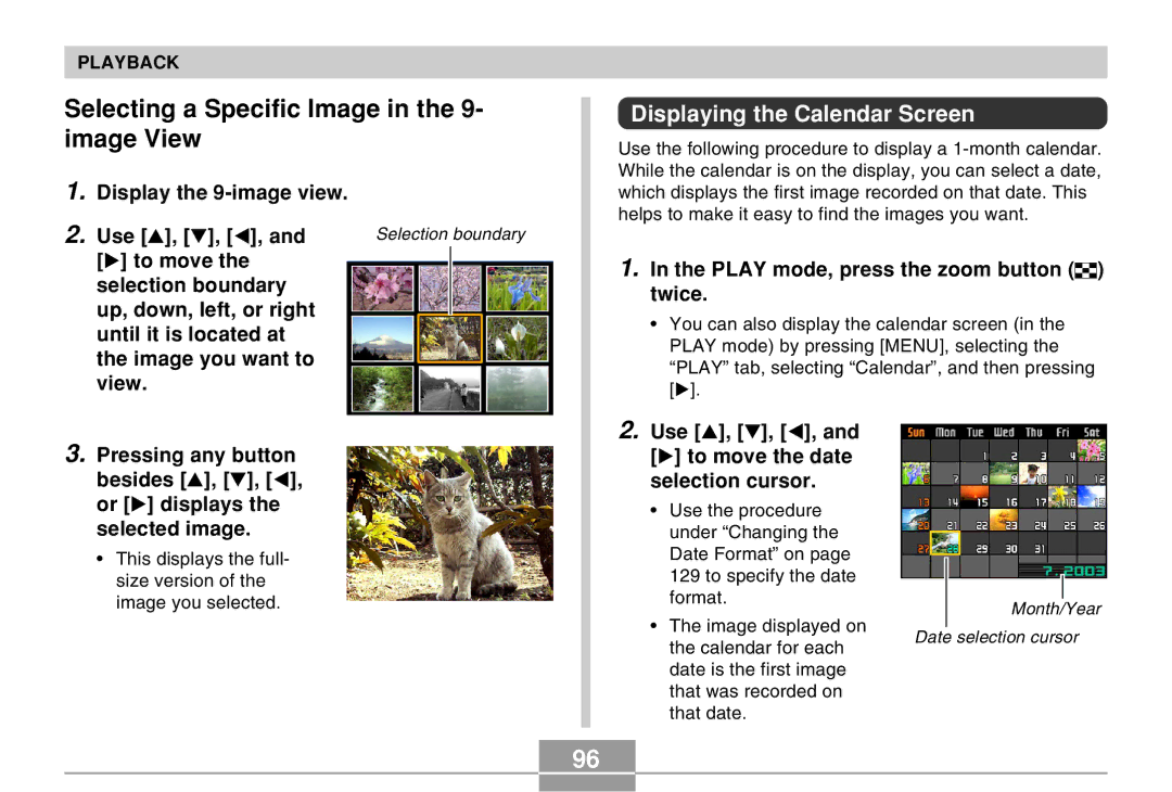 Casio EX-Z4 manual Selecting a Specific Image in the 9- image View, Displaying the Calendar Screen 