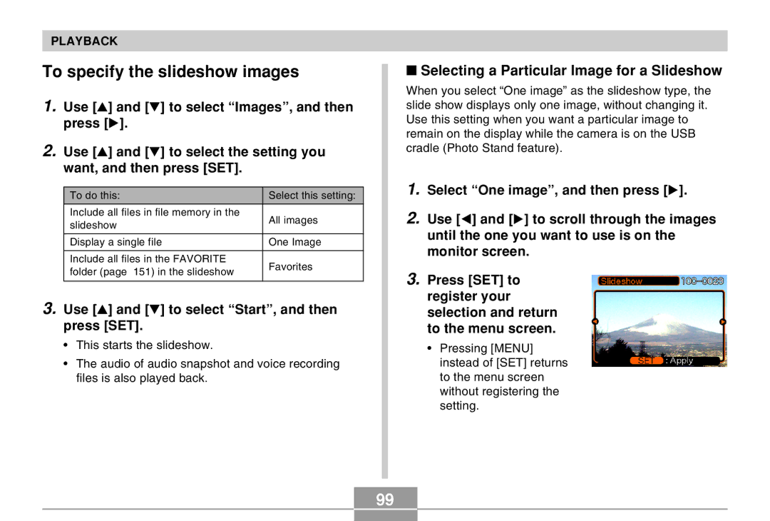 Casio EX-Z4 manual To specify the slideshow images, Selecting a Particular Image for a Slideshow 