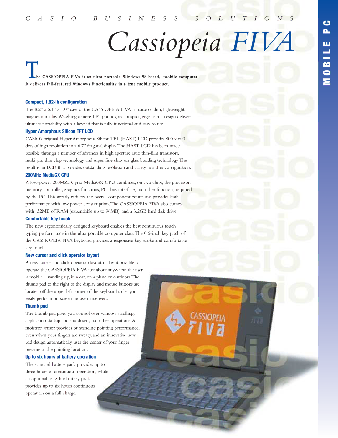 Casio FIVA manual Compact, 1.82-lb configuration, Hyper Amorphous Silicon TFT LCD, 200MHz MediaGX CPU, Thumb pad 