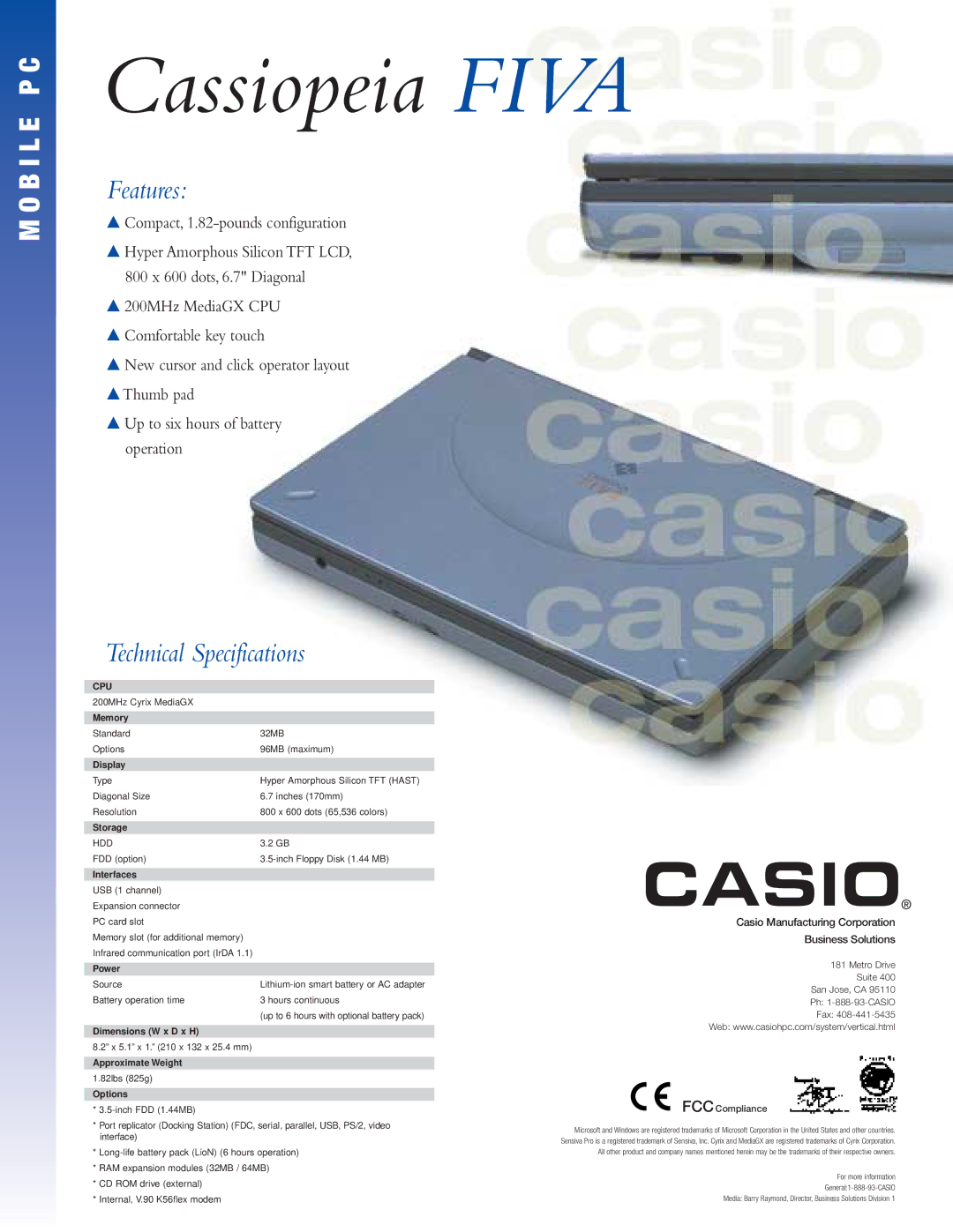 Casio FIVA manual Features, Technical Specifications 