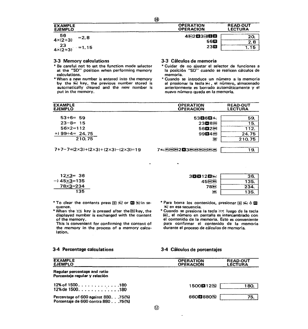 Casio fx-120 ·3 Memory calculations ·3 Calculos de memoria, Percentage calculations 4Calculos de porcentajes 