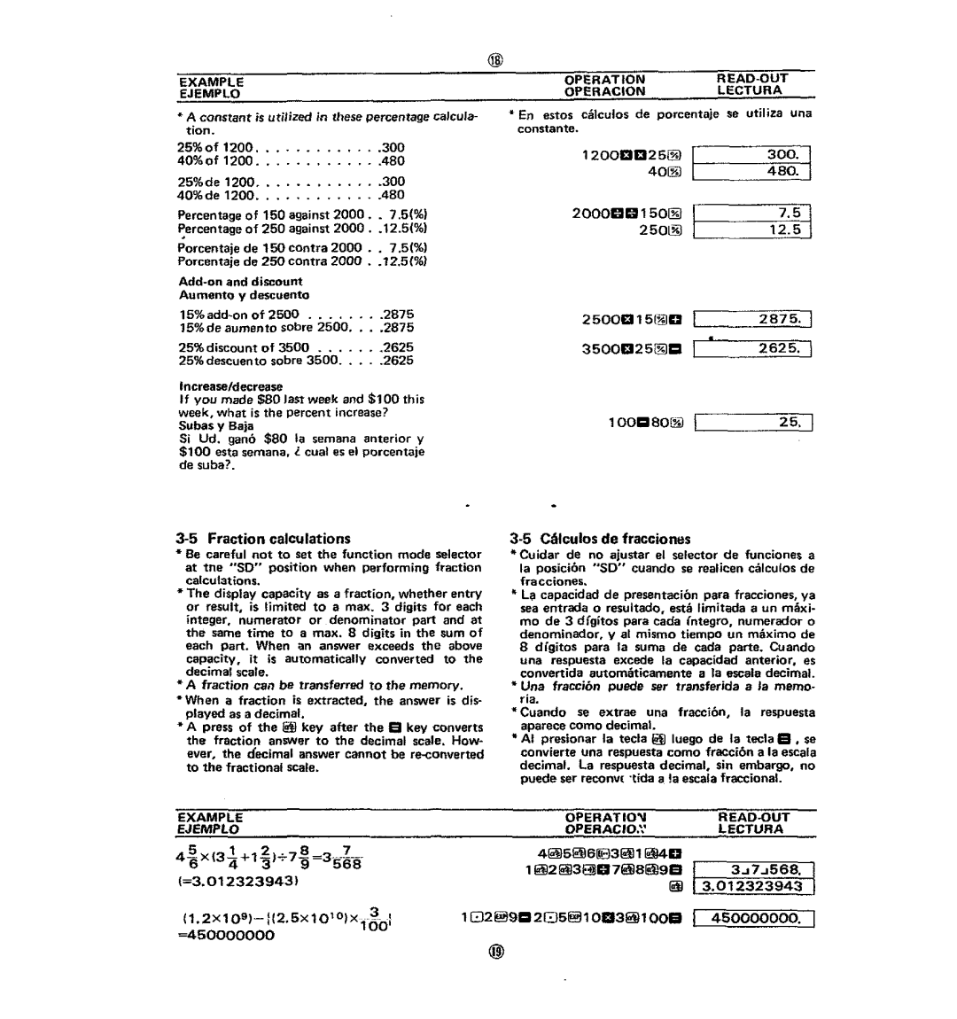 Casio fx-120 operation manual Fraction calculations, ·5 Calculos de fracciones 